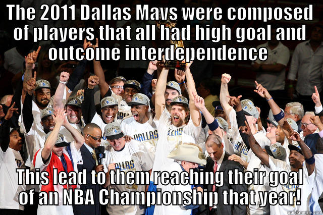 Mavs Compsition - THE 2011 DALLAS MAVS WERE COMPOSED OF PLAYERS THAT ALL HAD HIGH GOAL AND OUTCOME INTERDEPENDENCE  THIS LEAD TO THEM REACHING THEIR GOAL OF AN NBA CHAMPIONSHIP THAT YEAR! Misc