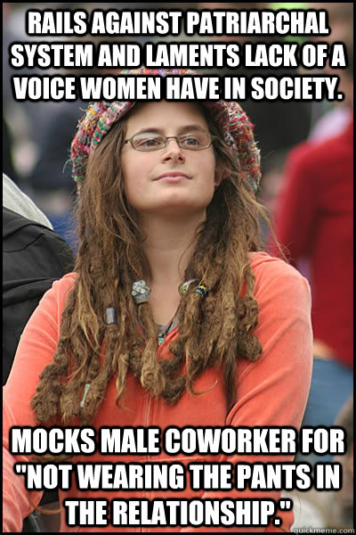 RAILS AGAINST PATRIARCHAL SYSTEM AND LAMENTS LACK OF A VOICE WOMEN HAVE IN SOCIETY. MOCKS MALE COWORKER FOR 