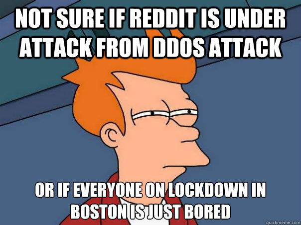 Not sure if reddit is under attack from DDoS attack or if everyone on lockdown in boston is just bored - Not sure if reddit is under attack from DDoS attack or if everyone on lockdown in boston is just bored  Futurama Fry