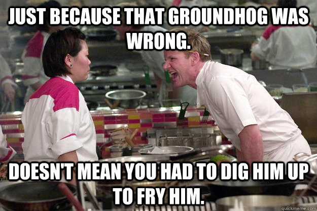 JUST BECAUSE THAT GROUNDHOG WAS WRONG. DOESN'T MEAN YOU HAD TO DIG HIM UP TO FRY HIM. - JUST BECAUSE THAT GROUNDHOG WAS WRONG. DOESN'T MEAN YOU HAD TO DIG HIM UP TO FRY HIM.  Misc