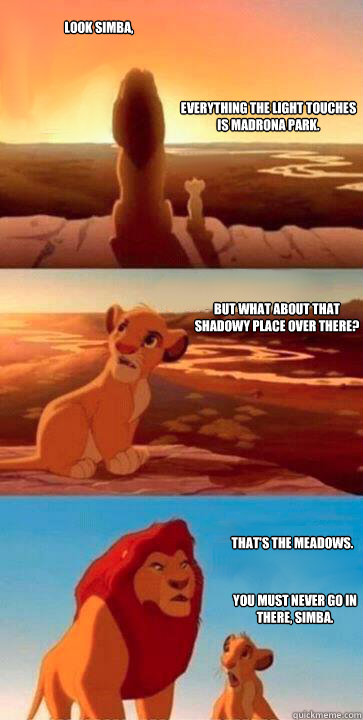 Everything the light touches is Madrona Park. But what about that shadowy place over there? That's the meadows.  LOOK simba, You must never go in there, simba. - Everything the light touches is Madrona Park. But what about that shadowy place over there? That's the meadows.  LOOK simba, You must never go in there, simba.  SIMBA