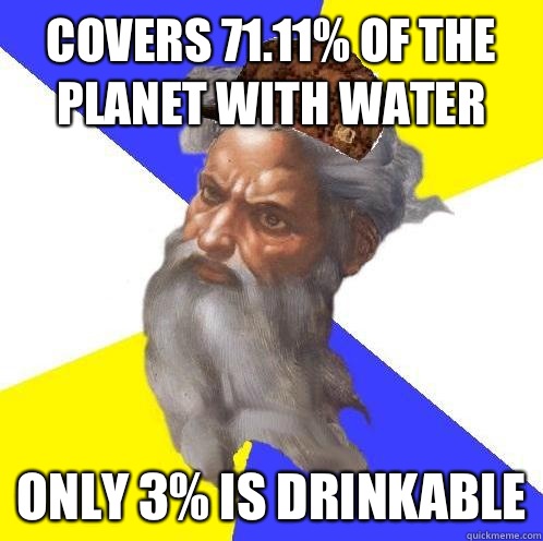 Covers 71.11% of the planet with water Only 3% is drinkable  Scumbag God