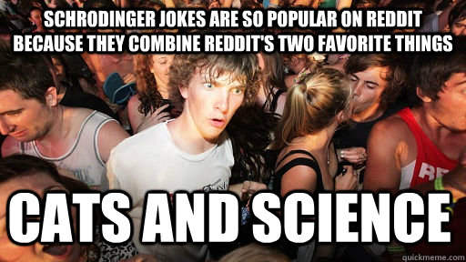 Schrodinger jokes are so popular on Reddit because they combine reddit's two favorite things cats and science - Schrodinger jokes are so popular on Reddit because they combine reddit's two favorite things cats and science  Sudden Clarity Clarence