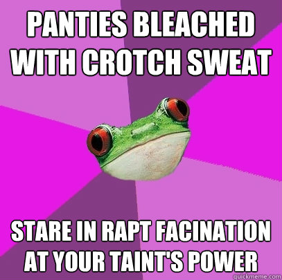 Panties bleached with crotch sweat stare in rapt facination at your taint's power  Foul Bachelorette Frog