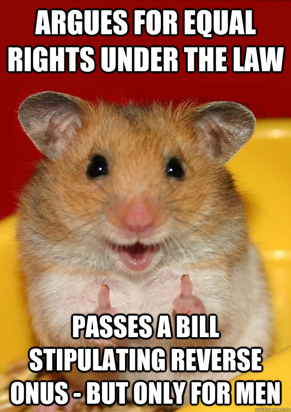 Argues for equal rights under the law Passes a bill stipulating reverse onus - but only for men  - Argues for equal rights under the law Passes a bill stipulating reverse onus - but only for men   Rationalization Hamster