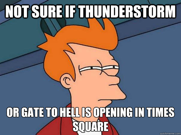 Not sure if thunderstorm or gate to hell is opening in times square
 - Not sure if thunderstorm or gate to hell is opening in times square
  Futurama Fry