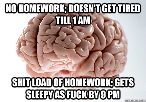 No homework; doesn't get tired till 1 am shit load of homework; gets sleepy as fuck by 9 pm  Scumbag Brain