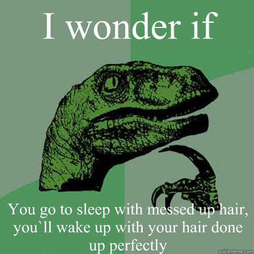 I wonder if 
You go to sleep with messed up hair, you`ll wake up with your hair done up perfectly  Philosoraptor