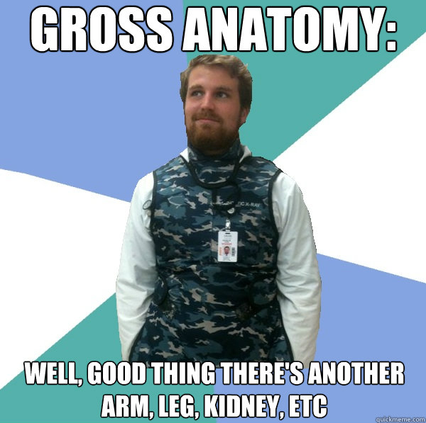 Gross anatomy:  Well, good thing there's another arm, leg, kidney, etc  Unabridged First Year Medical Student