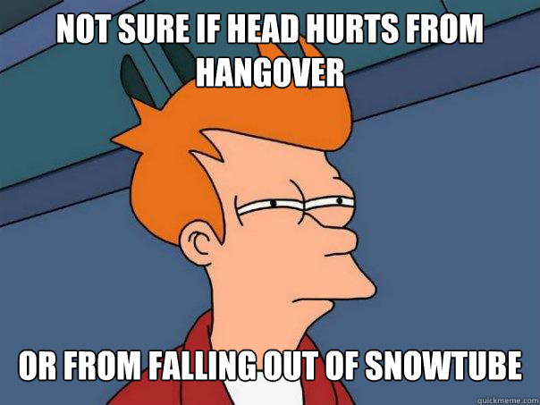 Not sure if head hurts from hangover Or from falling out of snowtube repeatedly  Futurama Fry