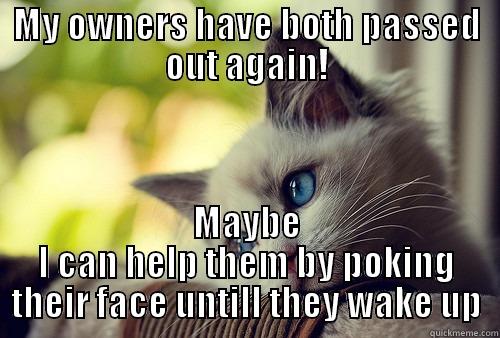 MY OWNERS HAVE BOTH PASSED OUT AGAIN! MAYBE I CAN HELP THEM BY POKING THEIR FACE UNTILL THEY WAKE UP First World Problems Cat