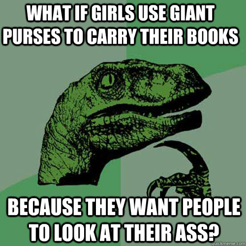 what if girls use giant purses to carry their books because they want people to look at their ass?  Philosoraptor