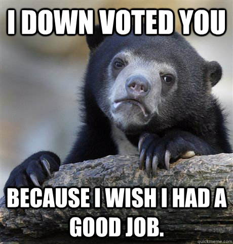 I down voted you because i wish i had a good job.  Confession Bear