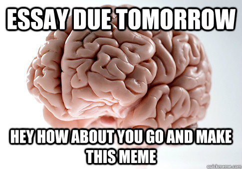 ESSAY DUE TOMORROW HEY HOW ABOUT YOU GO AND MAKE THIS MEME  - ESSAY DUE TOMORROW HEY HOW ABOUT YOU GO AND MAKE THIS MEME   Scumbag Brain