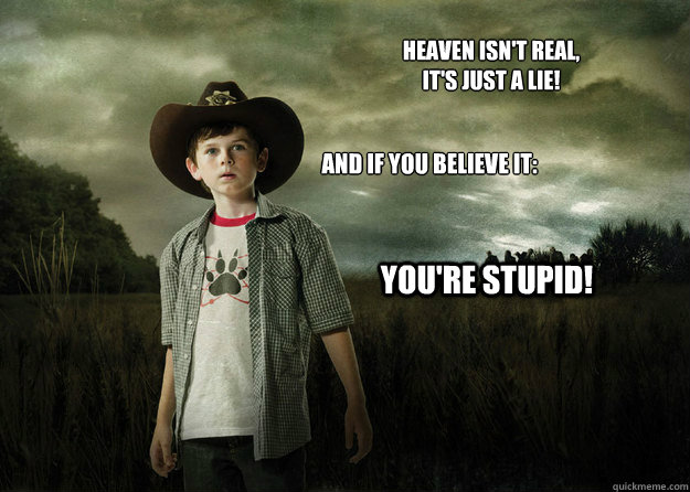 Heaven isn't real,
it's just a lie! And if YOU believe it: 
 You're Stupid!  