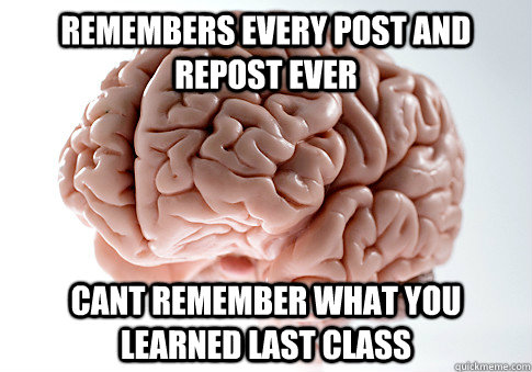 Remembers every post and repost ever cant remember what you learned last class  Scumbag Brain