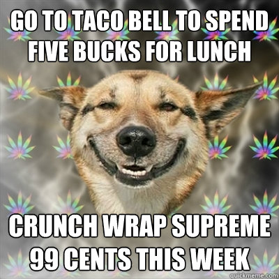 go to taco bell to spend five bucks for lunch crunch wrap supreme 99 cents this week  Stoner Dog