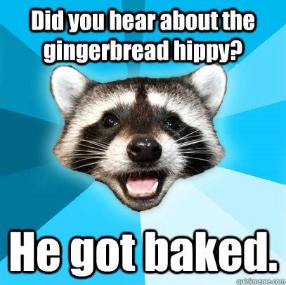 Did you hear about the gingerbread hippy? He got baked.  Lame Pun Coon