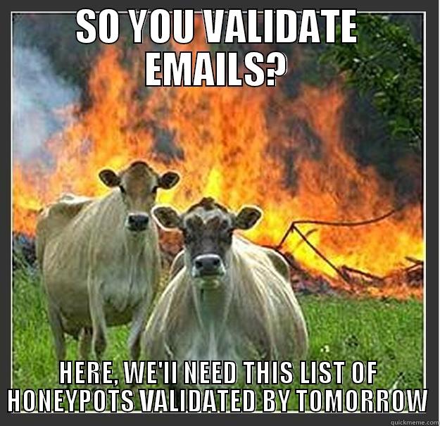 SO YOU VALIDATE EMAILS? HERE, WE'LL NEED THIS LIST OF HONEYPOTS VALIDATED BY TOMORROW Evil cows