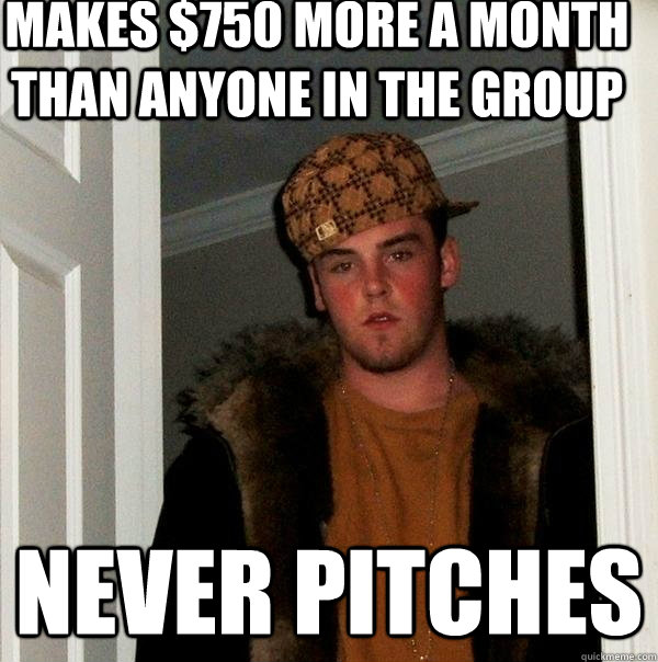 Makes $750 more a month than anyone in the group Never pitches  Scumbag Steve