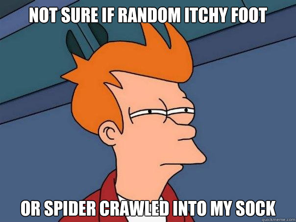 not sure if random itchy foot or spider crawled into my sock  Futurama Fry