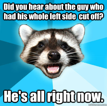 Did you hear about the guy who had his whole left side  cut off? He's all right now.  Lame Pun Coon