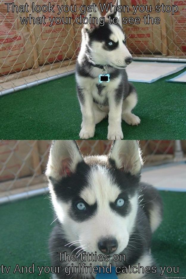 THAT LOOK YOU GET WHEN YOU STOP WHAT YOUR DOING TO SEE THE  THE TITTIES ON TV AND YOUR GIRLFRIEND CATCHES YOU  Insanity puppy