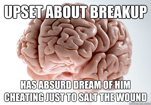 upset about breakup has absurd dream of him cheating just to salt the wound  Scumbag Brain