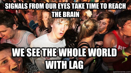 Signals from our eyes take time to reach the brain we see the whole world with lag  Sudden Clarity Clarence