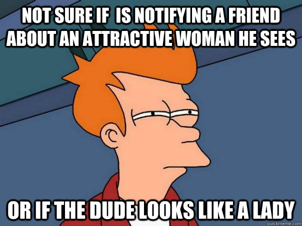 Not sure if  is notifying a friend about an attractive woman he sees or if the dude looks like a lady  Futurama Fry