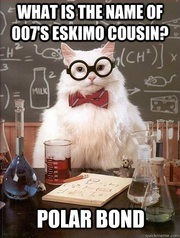 What is the name of 007's Eskimo cousin? Polar Bond  Chemistry Cat