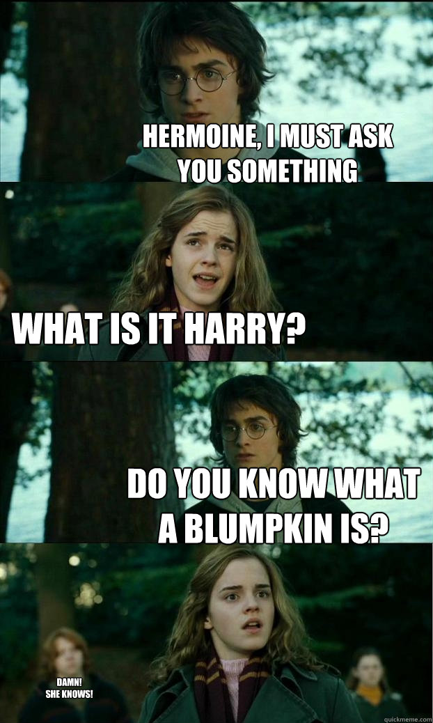 hermoine, i must ask you something what is it harry? do you know what a blumpkin is? damn!
she KNOWS!  Horny Harry