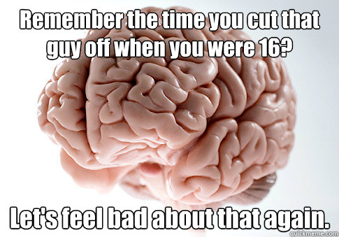 Remember the time you cut that guy off when you were 16?  Let's feel bad about that again.    Scumbag Brain