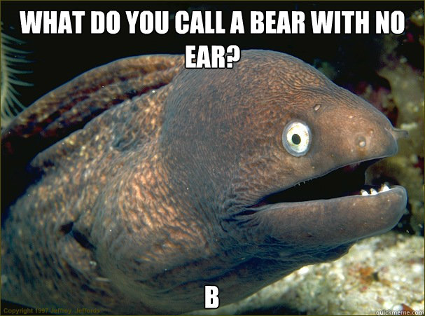 What do you call a Bear with no ear? B - What do you call a Bear with no ear? B  Bad Joke Eel