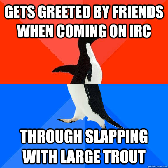 Gets greeted by friends when coming on irc Through slapping with large trout - Gets greeted by friends when coming on irc Through slapping with large trout  Socially Awesome Awkward Penguin