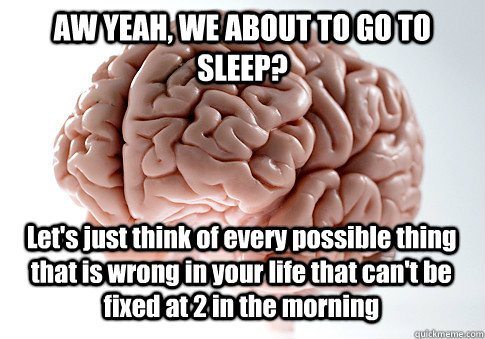 AW YEAH, WE ABOUT TO GO TO SLEEP? Let's just think of every possible thing that is wrong in your life that can't be fixed at 2 in the morning   Scumbag Brain