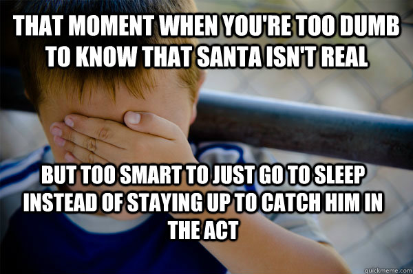 That moment when you're too dumb to know that santa isn't real but too smart to just go to sleep instead of staying up to catch him in the act  Confession kid