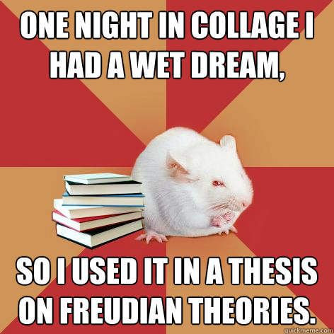 one night in collage i had a wet dream,   so i used it in a thesis on Freudian theories.      Science Major Mouse