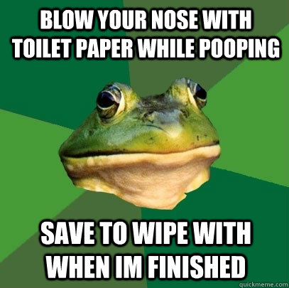 Blow your nose with toilet paper while pooping save to wipe with when im finished - Blow your nose with toilet paper while pooping save to wipe with when im finished  Foul Bachelor Frog