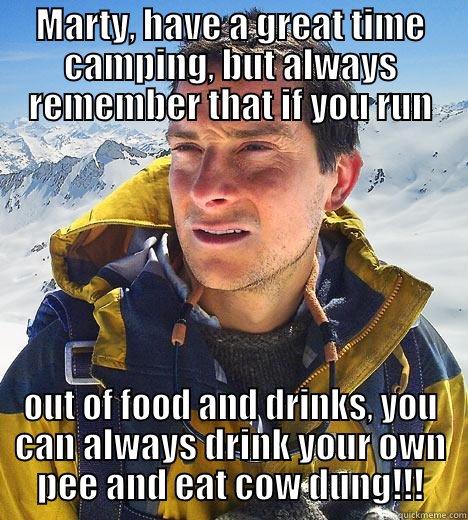 Bear Camping - MARTY, HAVE A GREAT TIME CAMPING, BUT ALWAYS REMEMBER THAT IF YOU RUN OUT OF FOOD AND DRINKS, YOU CAN ALWAYS DRINK YOUR OWN PEE AND EAT COW DUNG!!! Bear Grylls