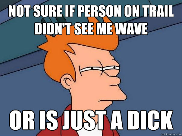 Not sure if person on trail didn't see me wave or is just a dick - Not sure if person on trail didn't see me wave or is just a dick  Futurama Fry