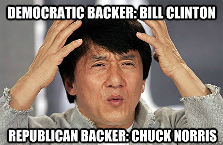 Democratic Backer: Bill Clinton Republican Backer: Chuck Norris  EPIC JACKIE CHAN