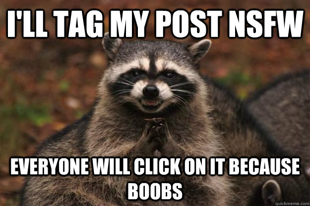 I'll tag my post nsfw everyone will click on it because boobs  Evil Plotting Raccoon