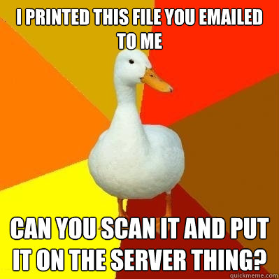 I printed this file you emailed to me can you scan it and put it on the server thing?  Tech Impaired Duck