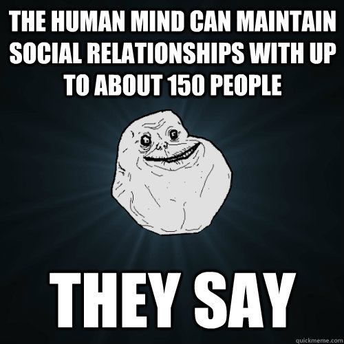 The human mind can maintain social relationships with up to about 150 people they say  Forever Alone