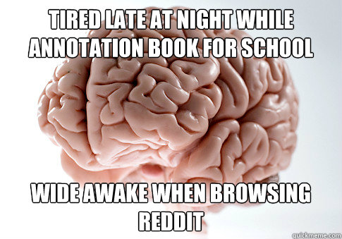 Tired late at night while annotation book for school wide awake when browsing reddit  Scumbag Brain