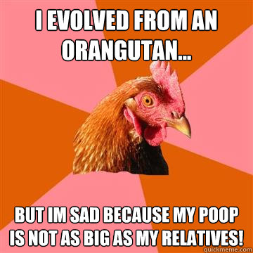 I evolved from an orangutan... but im sad because my poop is not as big as my relatives!  Anti-Joke Chicken