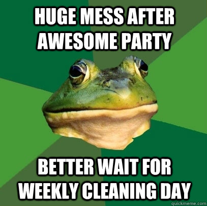 Huge mess after awesome party better wait for weekly cleaning day - Huge mess after awesome party better wait for weekly cleaning day  Foul Bachelor Frog