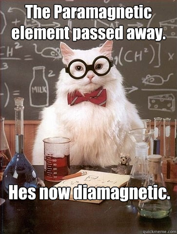 The Paramagnetic element passed away. Hes now diamagnetic.  Chemistry Cat