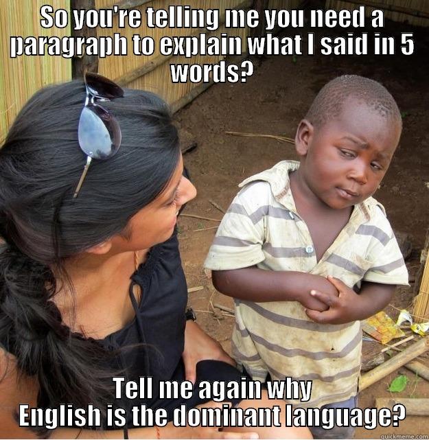 SO YOU'RE TELLING ME YOU NEED A PARAGRAPH TO EXPLAIN WHAT I SAID IN 5 WORDS? TELL ME AGAIN WHY ENGLISH IS THE DOMINANT LANGUAGE? Skeptical Third World Kid